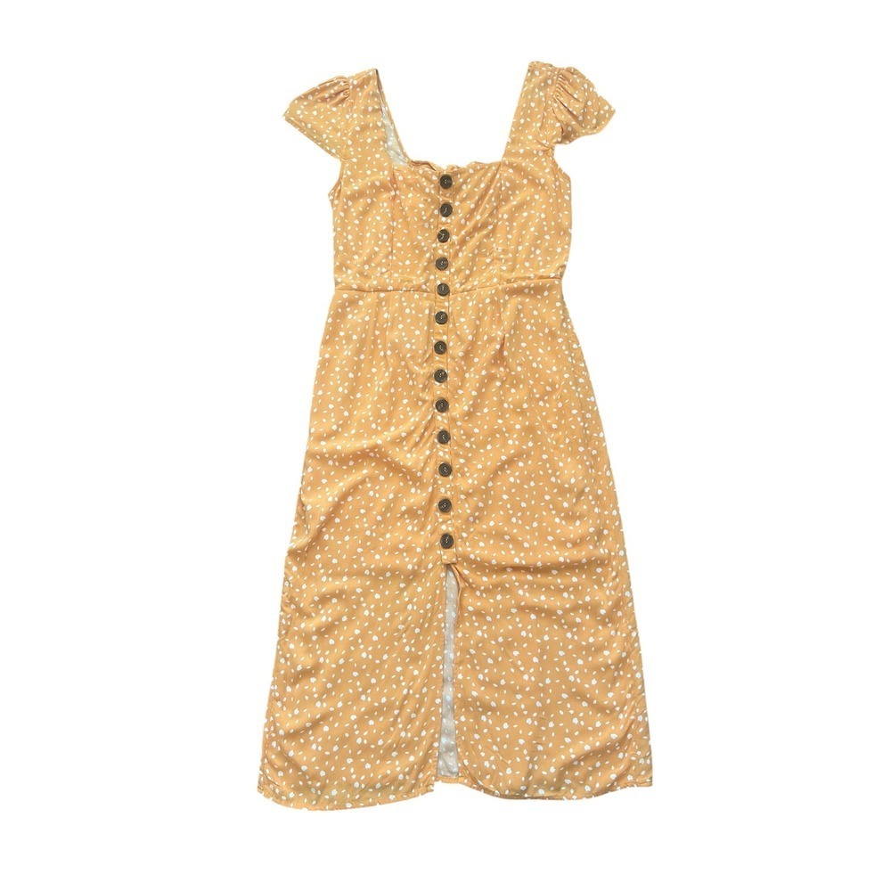 Trixxi Mustard Yellow Polka Dot Button Front Tie Back Midi Dress XL (0872)